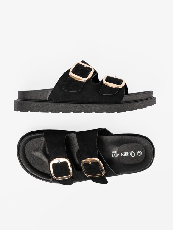 Black Slippers with Golden Buckles