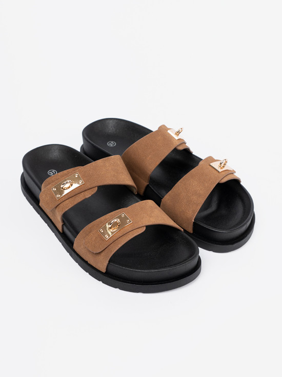 Brown Women's Sandals with Golden Accents