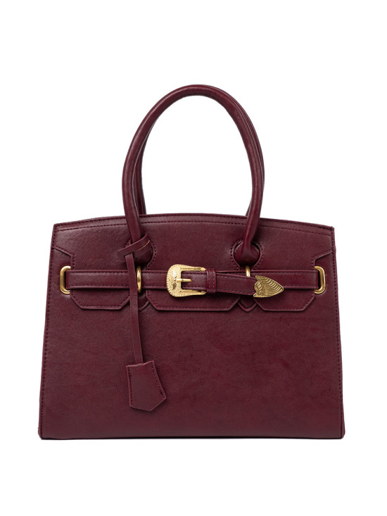 Burgundy Handbag with Decorative Gold Buckle