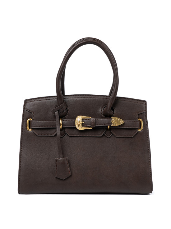 Elegant Dark Brown Handbag with Decorative Gold Buckle