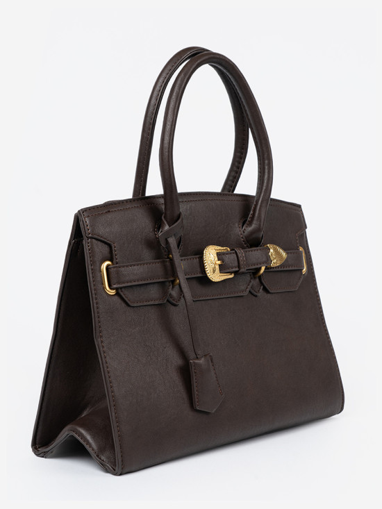 Elegant Dark Brown Handbag with Decorative Gold Buckle