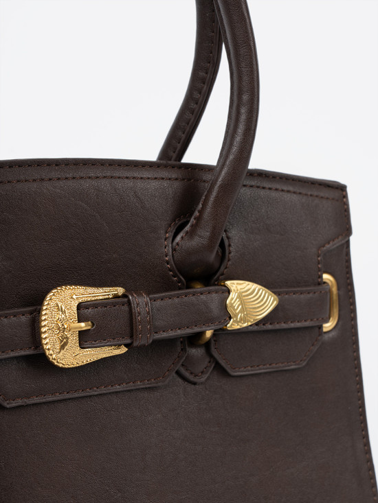 Elegant Dark Brown Handbag with Decorative Gold Buckle