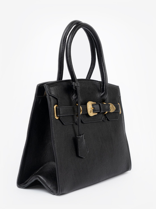 Black Handbag with Decorative Gold Buckle