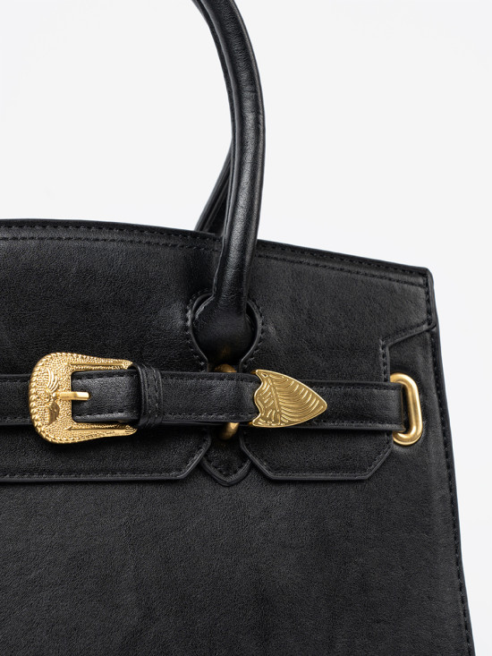 Black Handbag with Decorative Gold Buckle