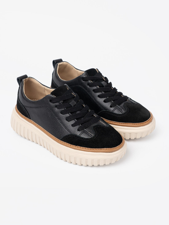 Black Leather Sneakers on Beige Platform