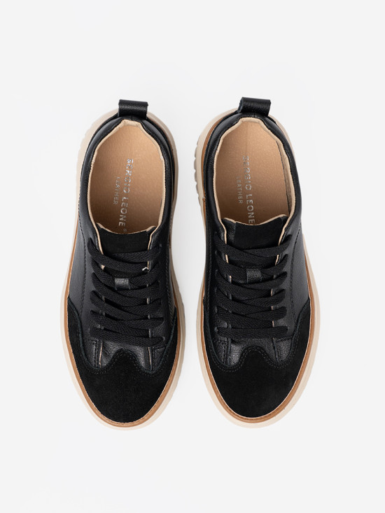 Black Leather Sneakers on Beige Platform
