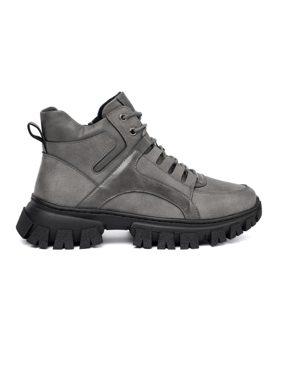 Gray Lace-Up Ankle Boots with Thick Sole