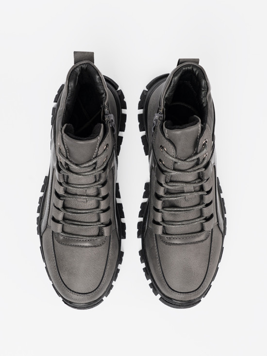 Gray Lace-Up Ankle Boots with Thick Sole