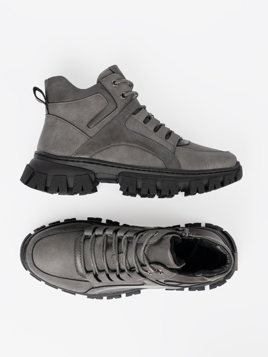 Gray Lace-Up Ankle Boots with Thick Sole