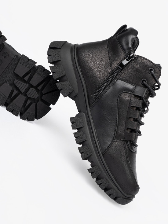 Black Lace-Up Ankle Boots with Thick Sole