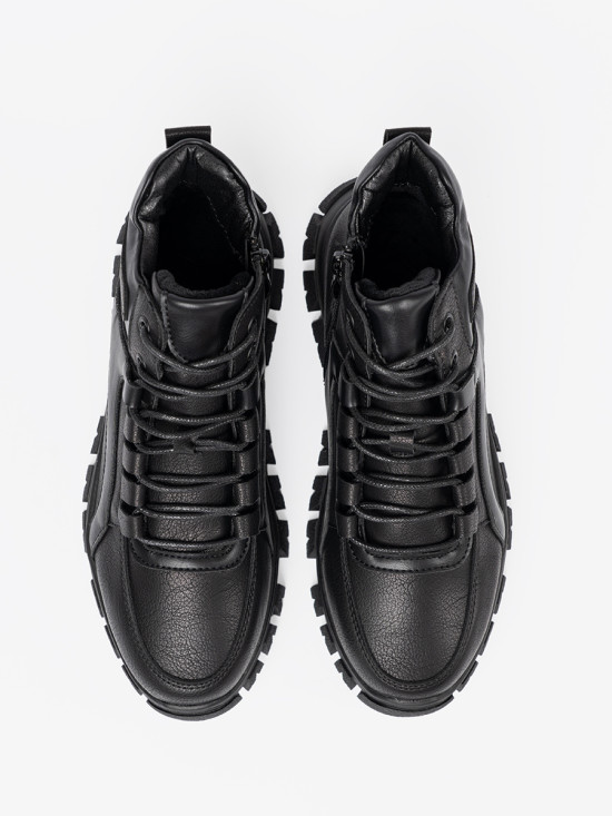 Black Lace-Up Ankle Boots with Thick Sole