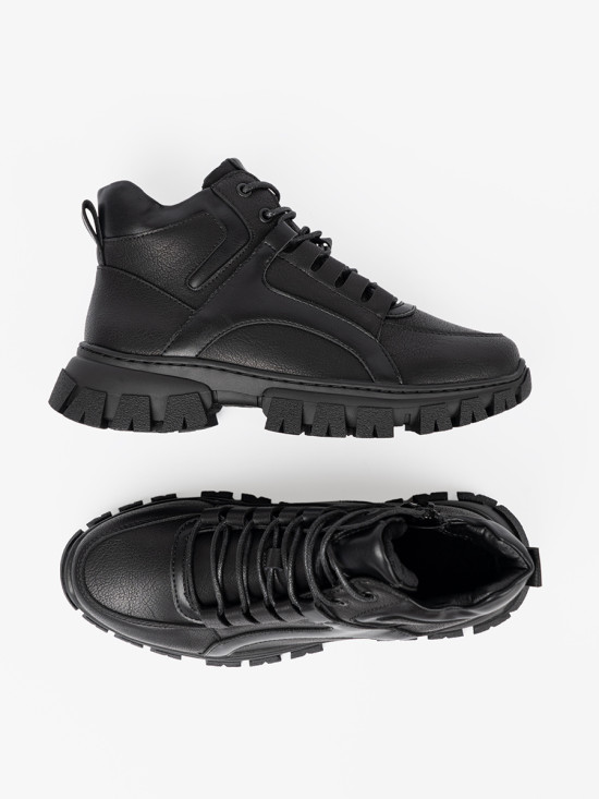 Black Lace-Up Ankle Boots with Thick Sole