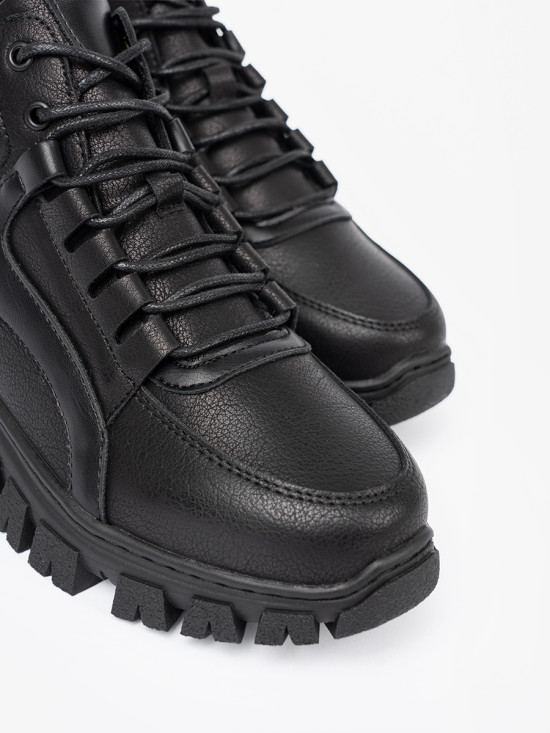 Black Lace-Up Ankle Boots with Thick Sole