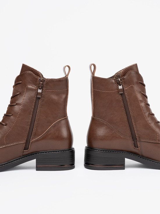 Brown Lace-Up Ankle Boots with Low Heel
