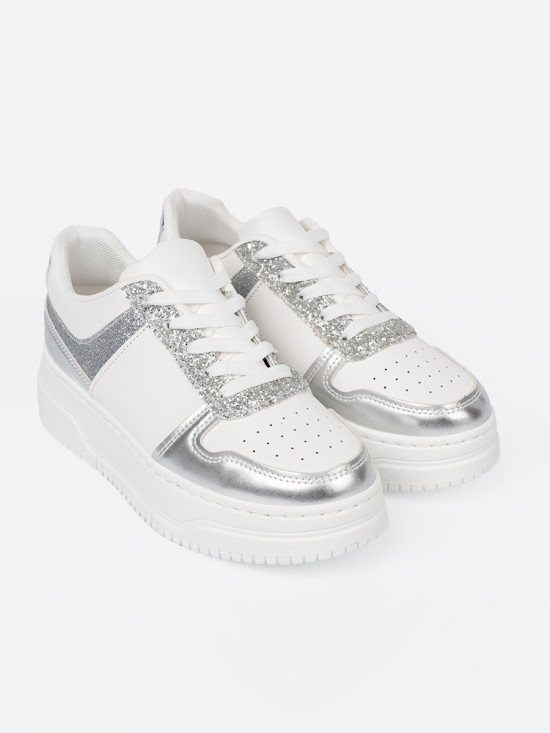 White-Silver Sneakers with Shiny Details