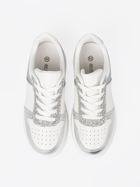 White-Silver Sneakers with Shiny Details