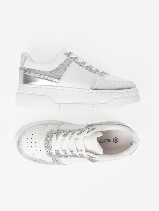White-Silver Sneakers with Shiny Details