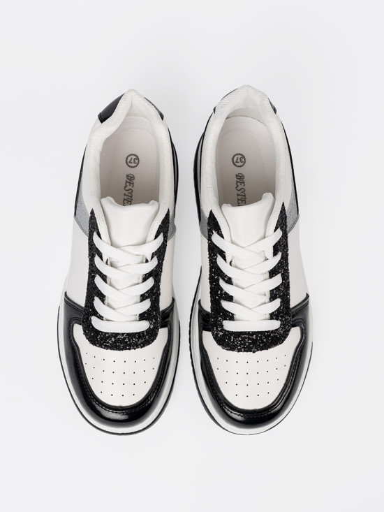 Black and White Sneakers with Shiny Silver Details
