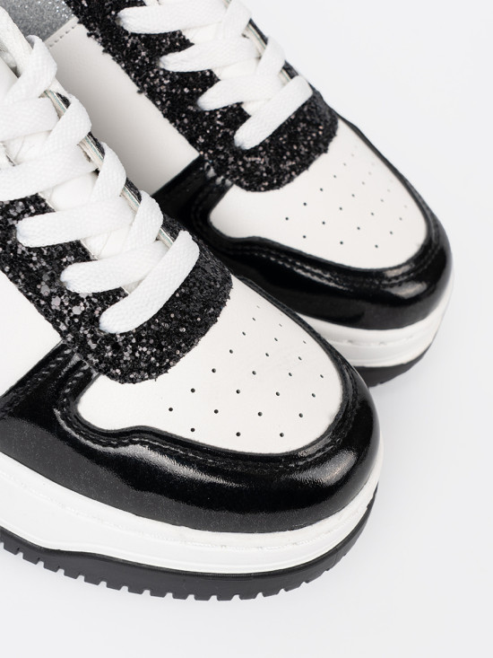 Black and White Sneakers with Shiny Silver Details