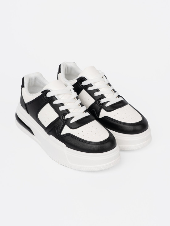 Stylish Black and White Sneakers with Thick Sole