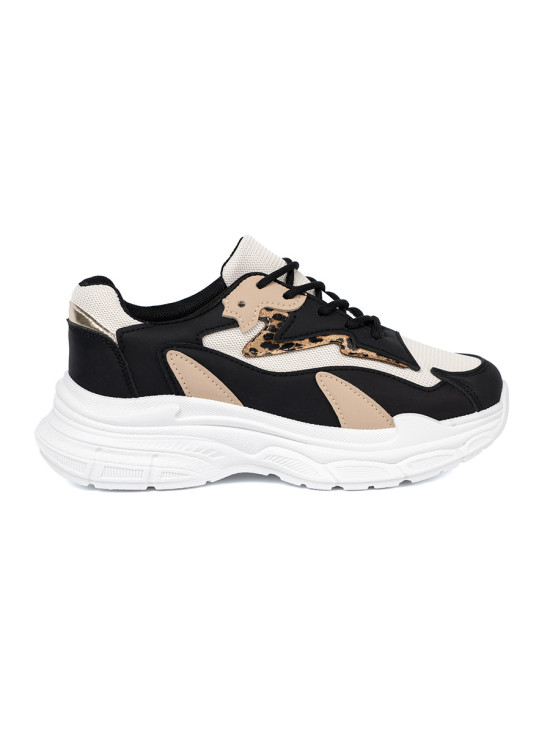 Black and Beige Women's Sneakers with Thick Sole