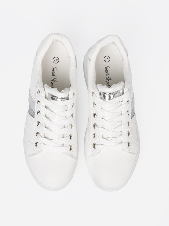 White Sneakers with Metallic Silver Accent