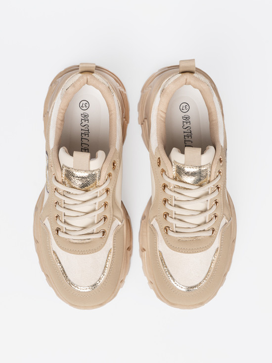 Beige Sneakers with Decorative Golden Heart