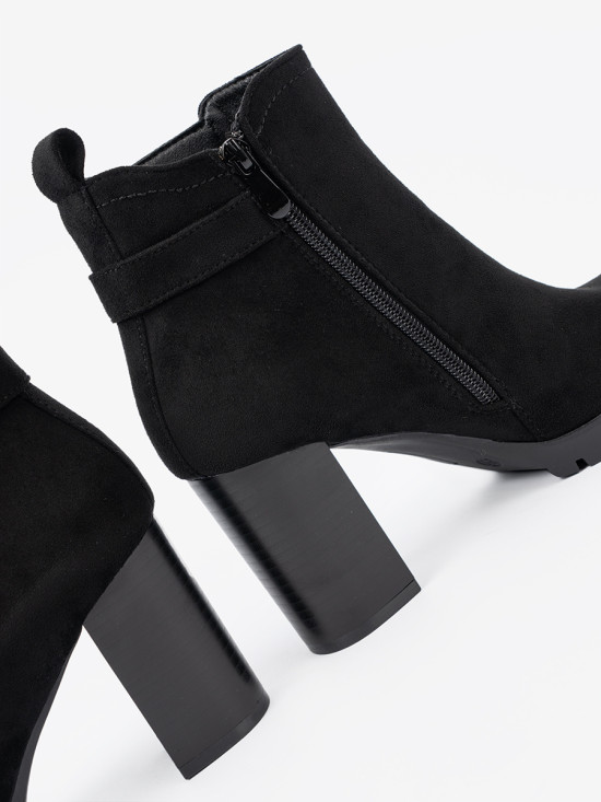 Black Ankle Boots with Block Heel and Decorative Buckle
