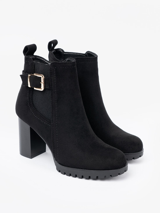 Black Ankle Boots with Block Heel and Decorative Buckle