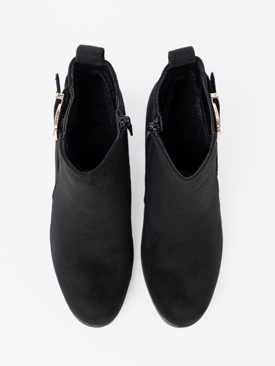 Black Ankle Boots with Block Heel and Decorative Buckle