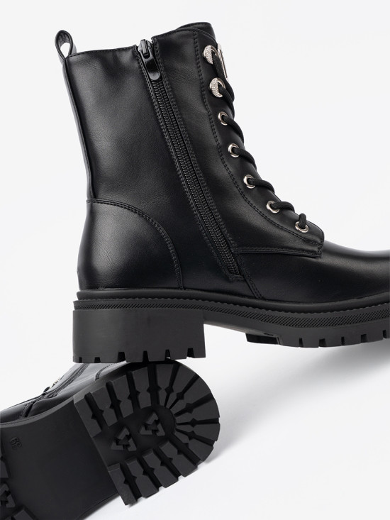 Black Lace-Up Ankle Boots with Metal Decoration
