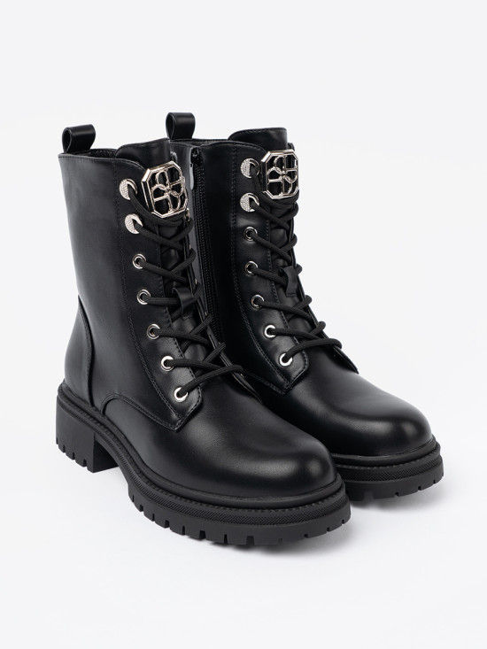 Black Lace-Up Ankle Boots with Metal Decoration
