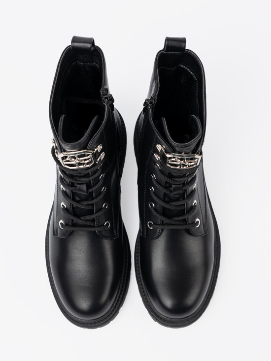 Black Lace-Up Ankle Boots with Metal Decoration