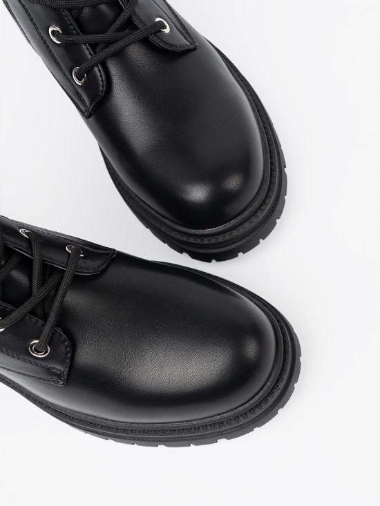 Black Lace-Up Ankle Boots with Metal Decoration