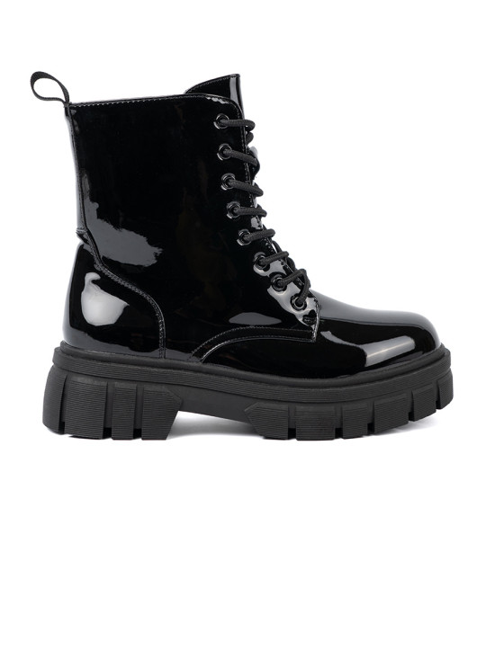 Black Patent Ankle Boots on Chunky Sole