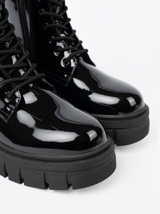 Black Patent Ankle Boots on Chunky Sole