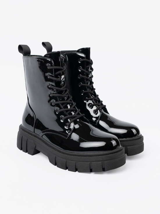 Black Patent Ankle Boots on Chunky Sole