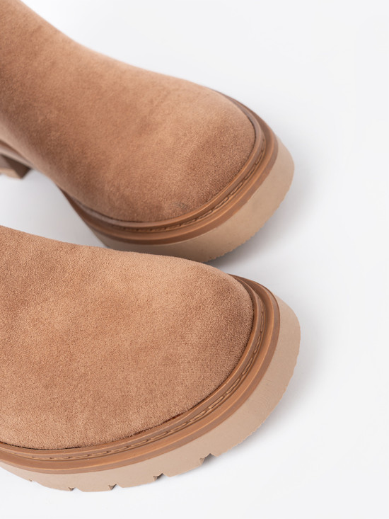 Minimalist caramel ankle boots in soft suede-effect material
