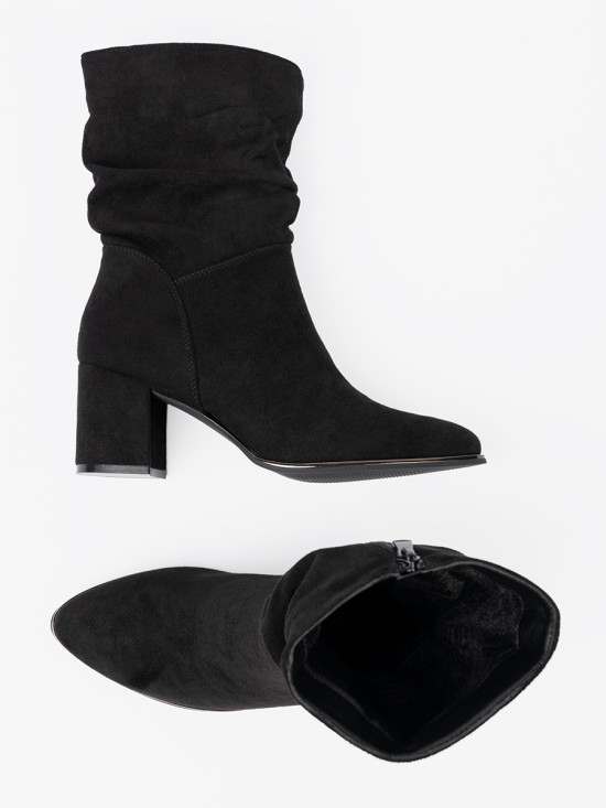 Black Suede Ankle Boots with Elegant Gathering