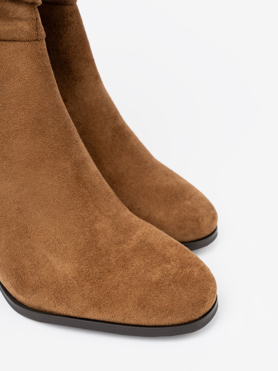 Caramel ankle boots with ruched upper and block heel