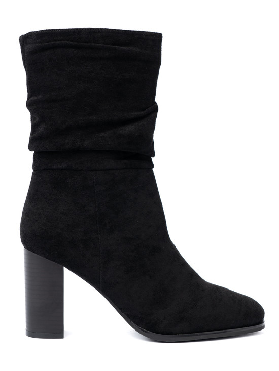 Black Ankle Boots with Block Heel and Gathered Shaft