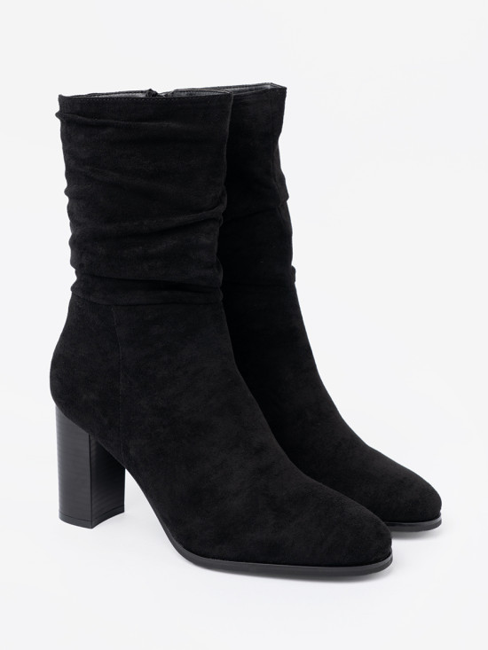 Black Ankle Boots with Block Heel and Gathered Shaft