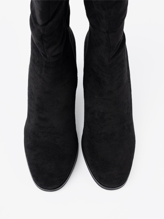 Black Ankle Boots with Block Heel and Gathered Shaft