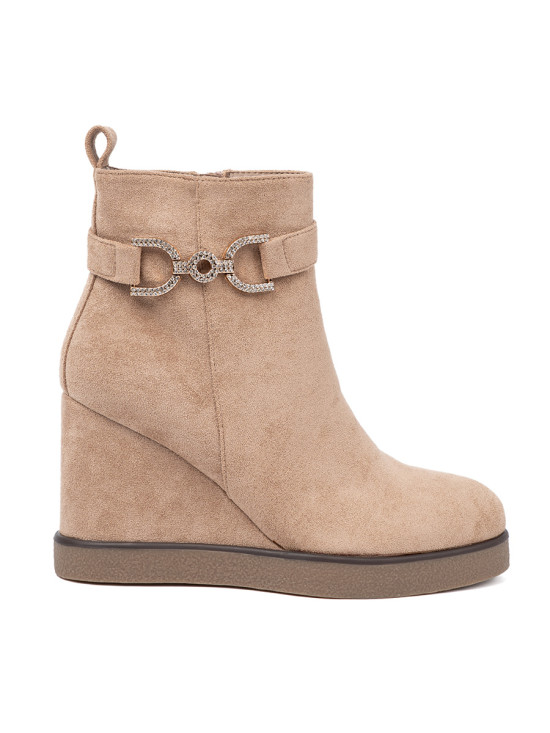 Beige Wedge Ankle Boots with Decorative Buckle