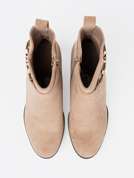 Beige Wedge Ankle Boots with Decorative Buckle