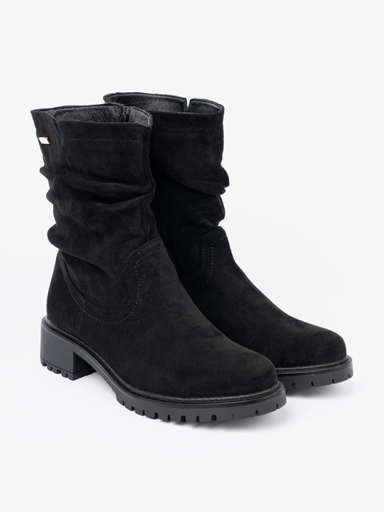 Black Ankle Boots with Ruffled Shaft and Zipper