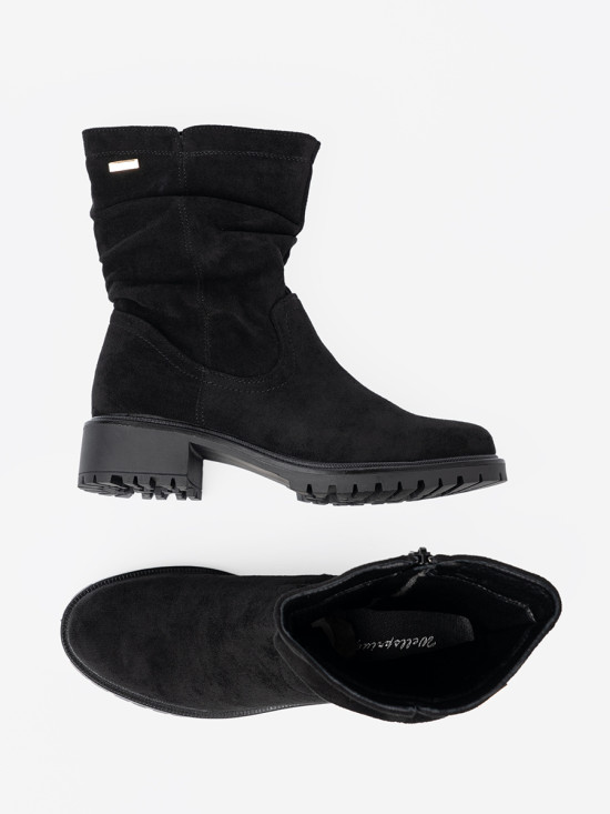 Black Ankle Boots with Ruffled Shaft and Zipper