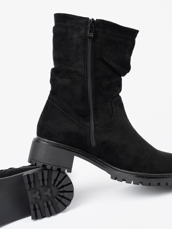 Black Ankle Boots with Ruffled Shaft and Zipper