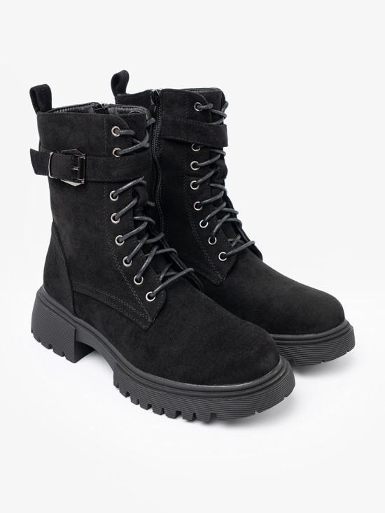 Black Ankle Boots with Buckle and Lacing