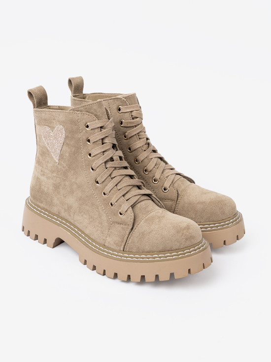 Beige Ankle Boots with Heart and Thick Sole